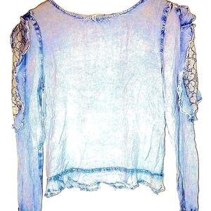 Cotton Jean Top Lace Ruffle Puff Shoulders Button Back, by Style Envy, NWOT, M